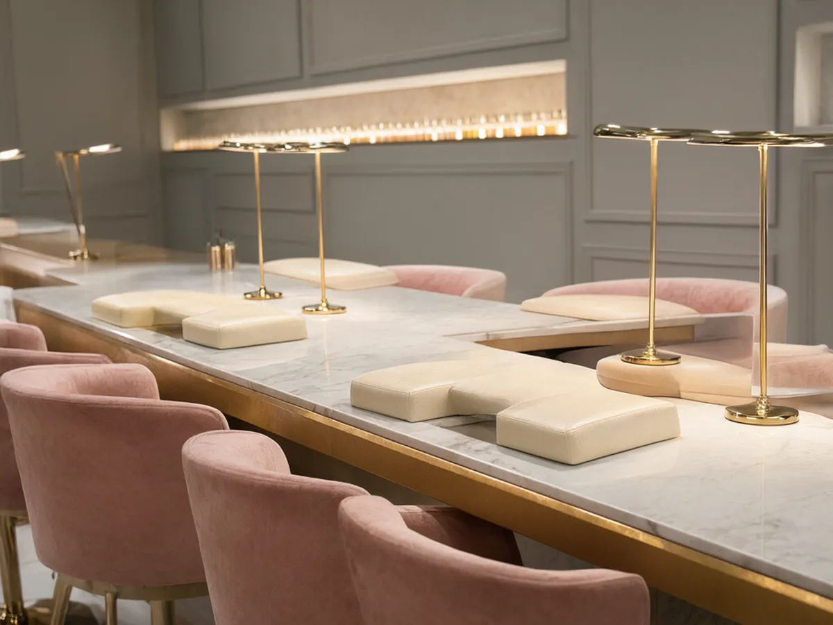 A marble manicure bar with gold lamps and blush velvet stools