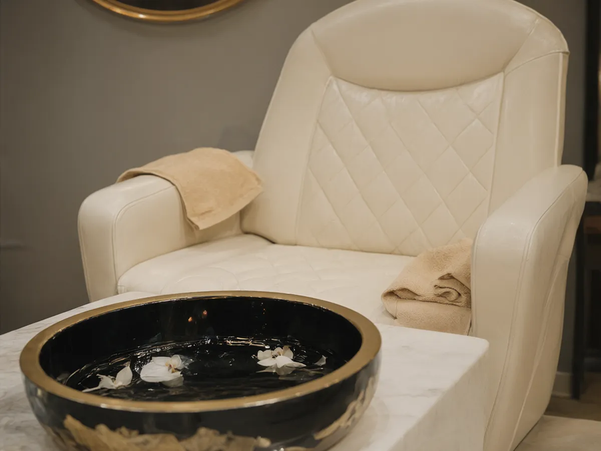An ivory quilted pedicure chair over a black and gold basin with orchid petals