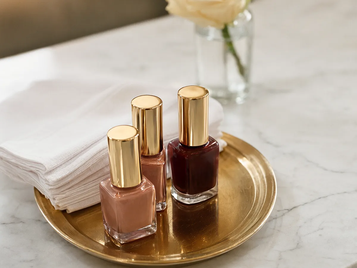 Three polish bottles with gold caps on a gold tray beside a cream rose